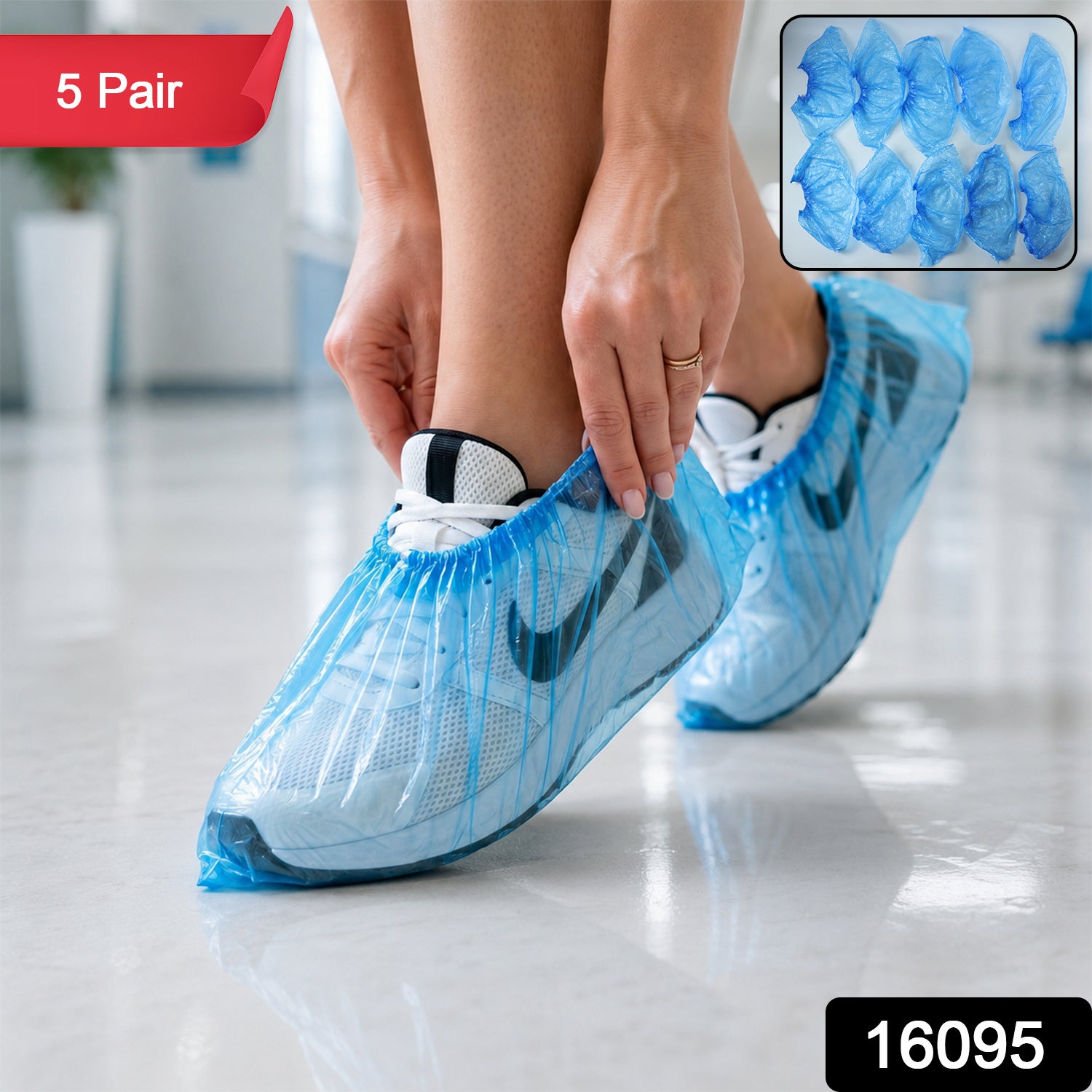 Blue disposable plastic shoe covers with elastic fit