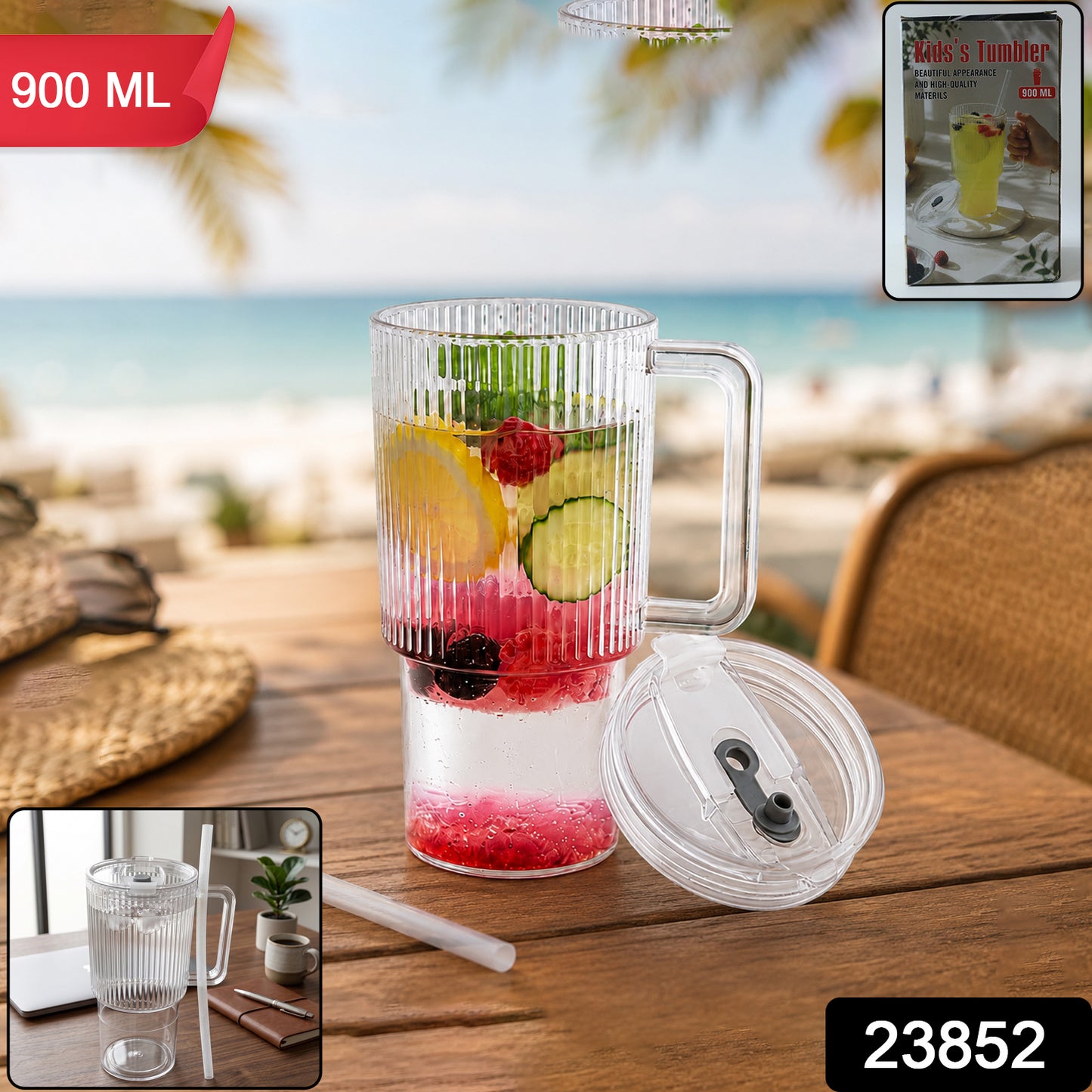Kids Tumbler 900ml with Handle Lid and Straw Ribbed Water Sipper Cup (1 Pc)