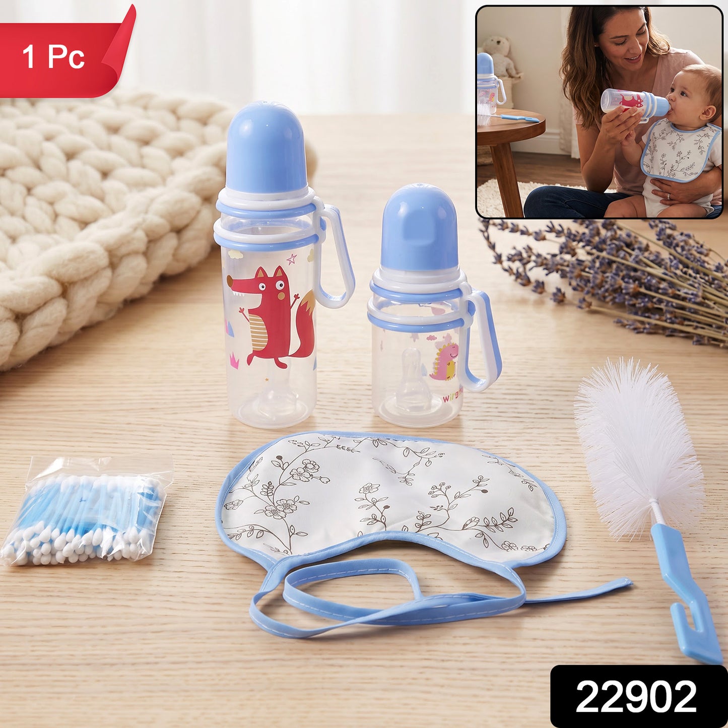 Plastic Baby Feeding Bottle Set with Bib Brush and Cotton Buds (1 Set)