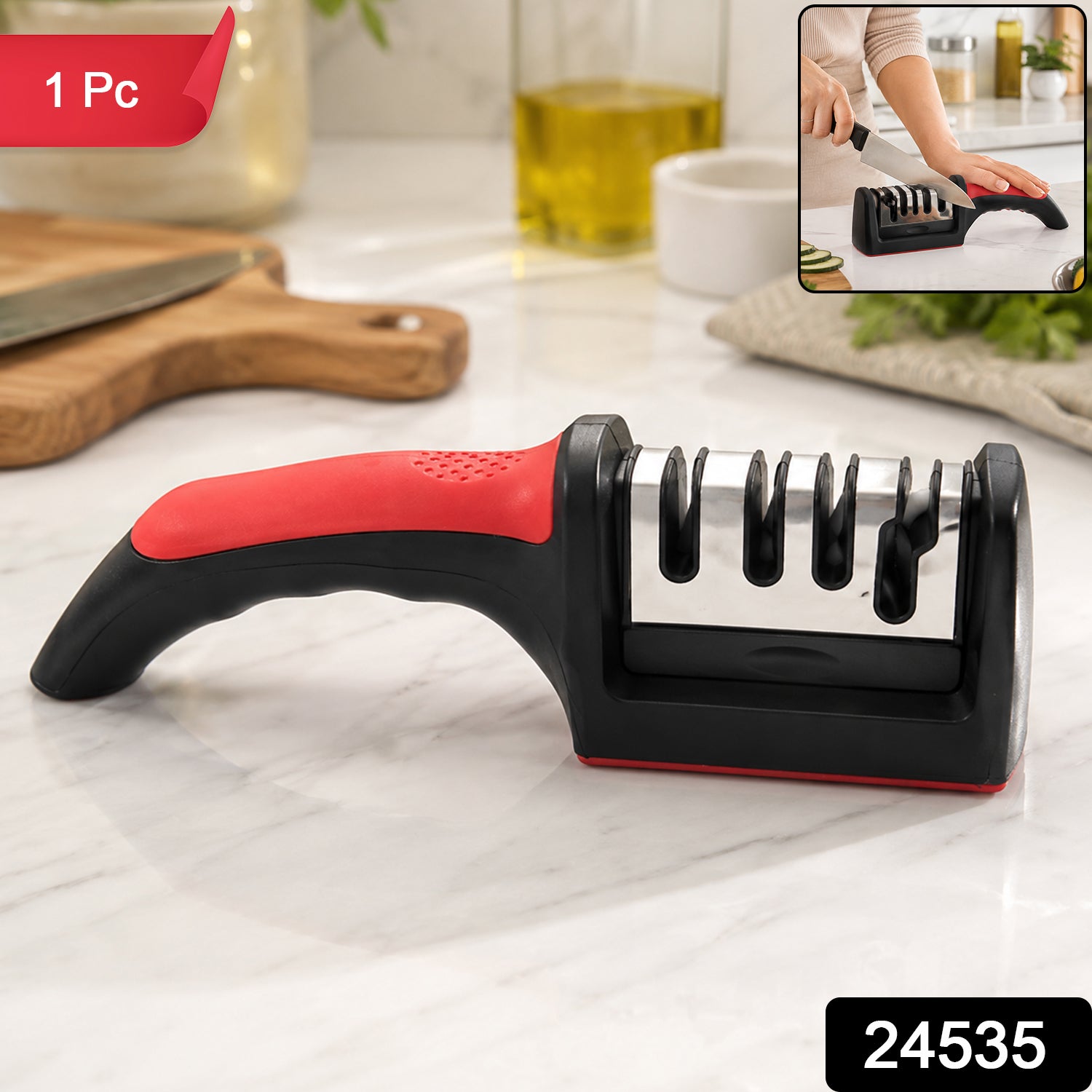 4 Stage Knife Sharpener Tool for Kitchen Knives with Non Slip Handle (1 Pc)
