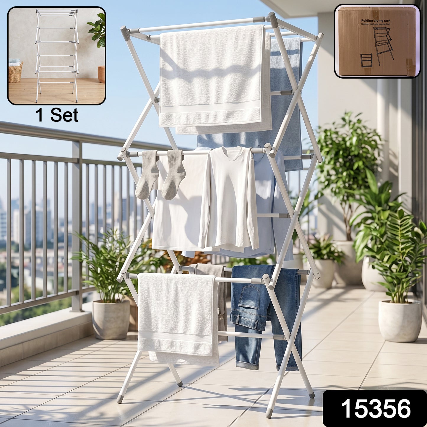 3 Tier Folding Clothes Drying Rack Laundry Cloth Dryer Stand for Balcony (1 Set)