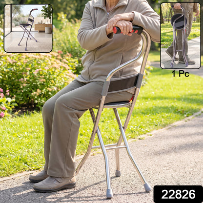 Folding Walking Stick with Seat and Backrest 4 Leg Cane Stool Chair (1 Pc)