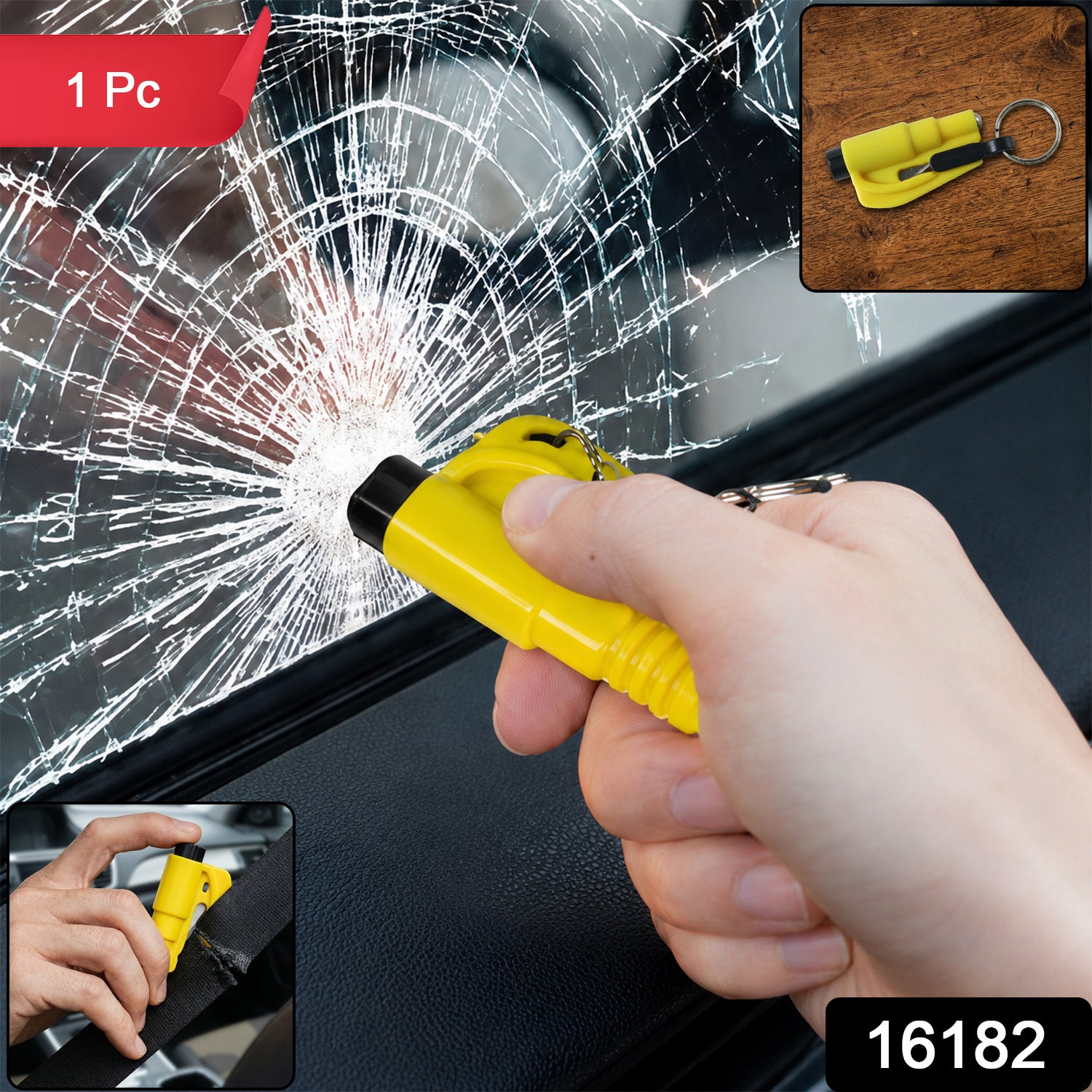 A hand holds a yellow car safety hammer against a spiderweb-cracked car window, with a red "1 Pc" label and a small inset.
