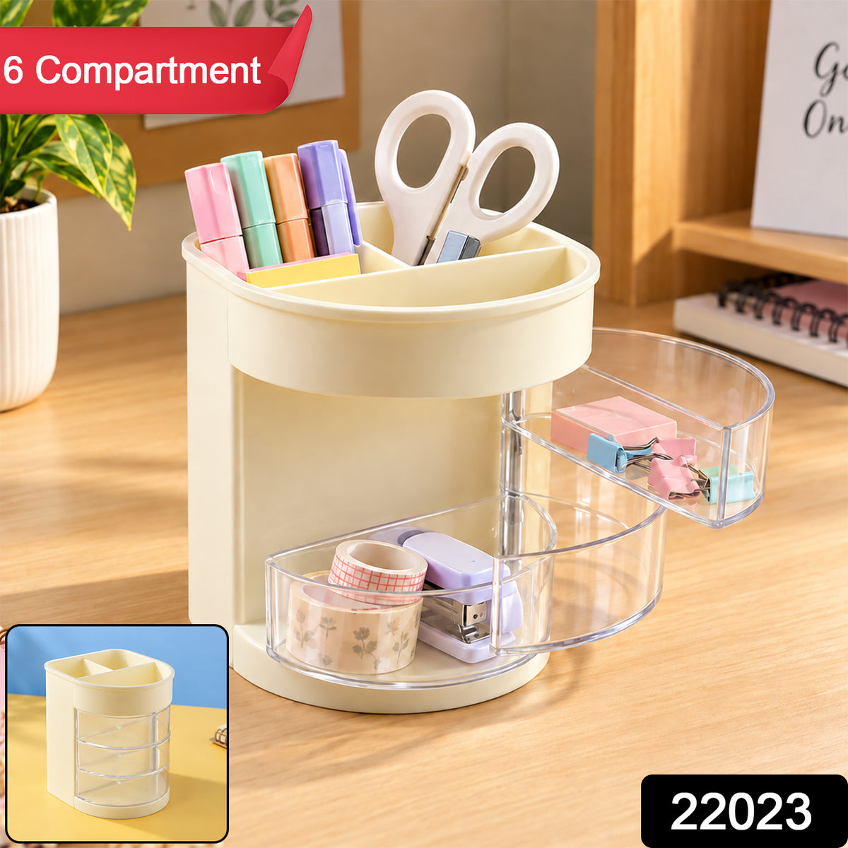 Plastic Pen Holder with 6 Compartments and Clear Drawers for Desk Organization