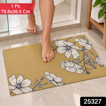 Absorbent Bathroom Mat, Mustard Floral Print Quick Dry Mat (1 Pc, 79.8x39.5 Cm)