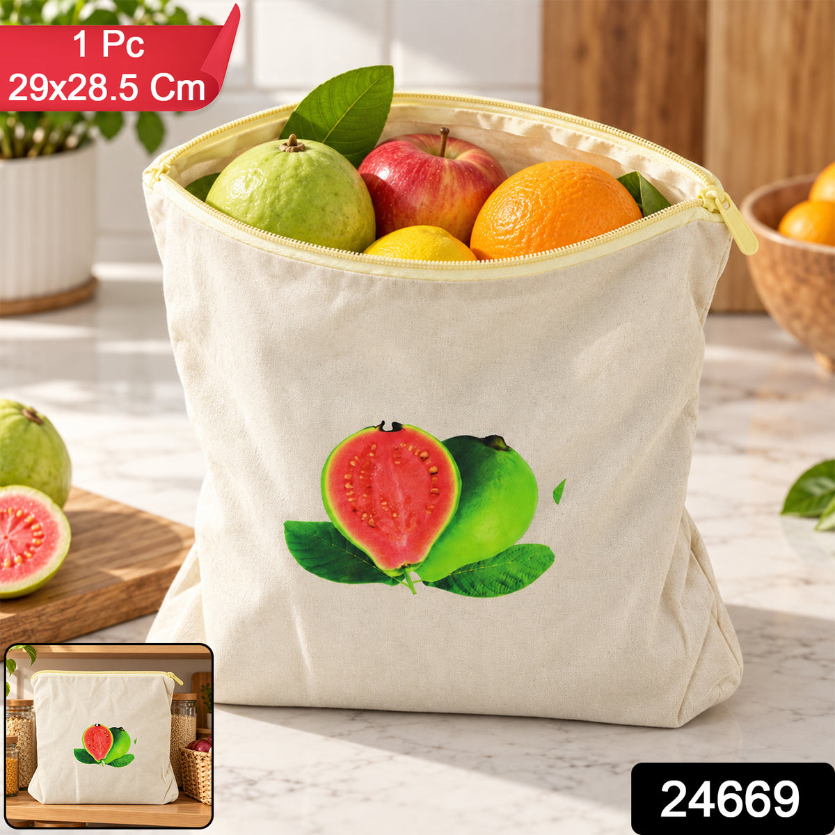 Reusable Cotton Fruit and Vegetable Storage Bag with Zip (1 Pc, 29x28.5 Cm)
