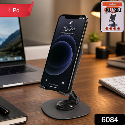 Foldable metal mobile stand with phone placed for hands-free use