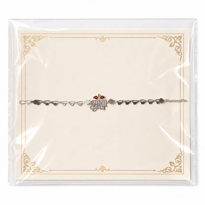 Radha Krishna Silver Motif Enamel Petal Chain Rakhi