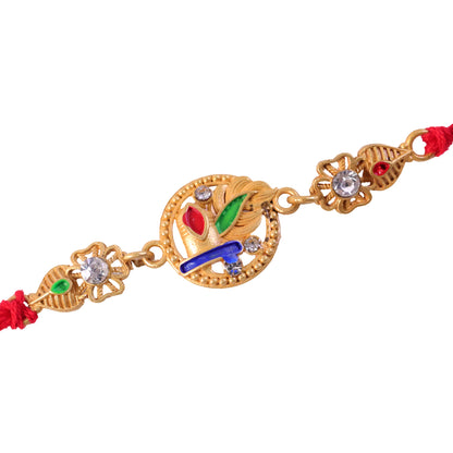 Ornate Rakhi featuring Oval Floral Charm, multicolor stones and chain look for Gift
