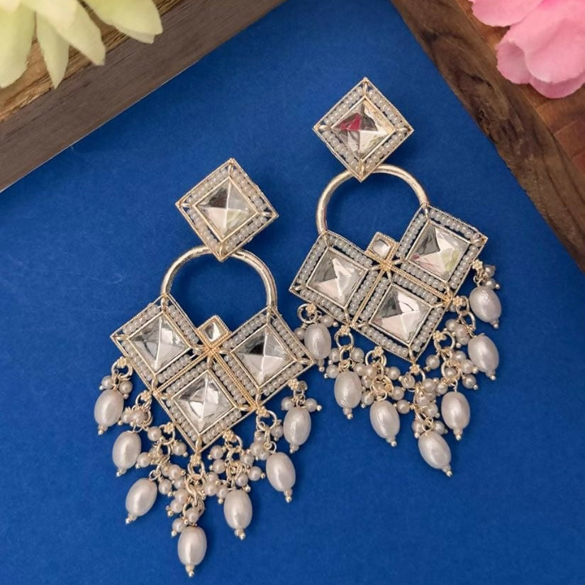 Antique Silver-Toned Floral Kundan Chandbali Jhumka Earrings with Seed Pearl Clusters