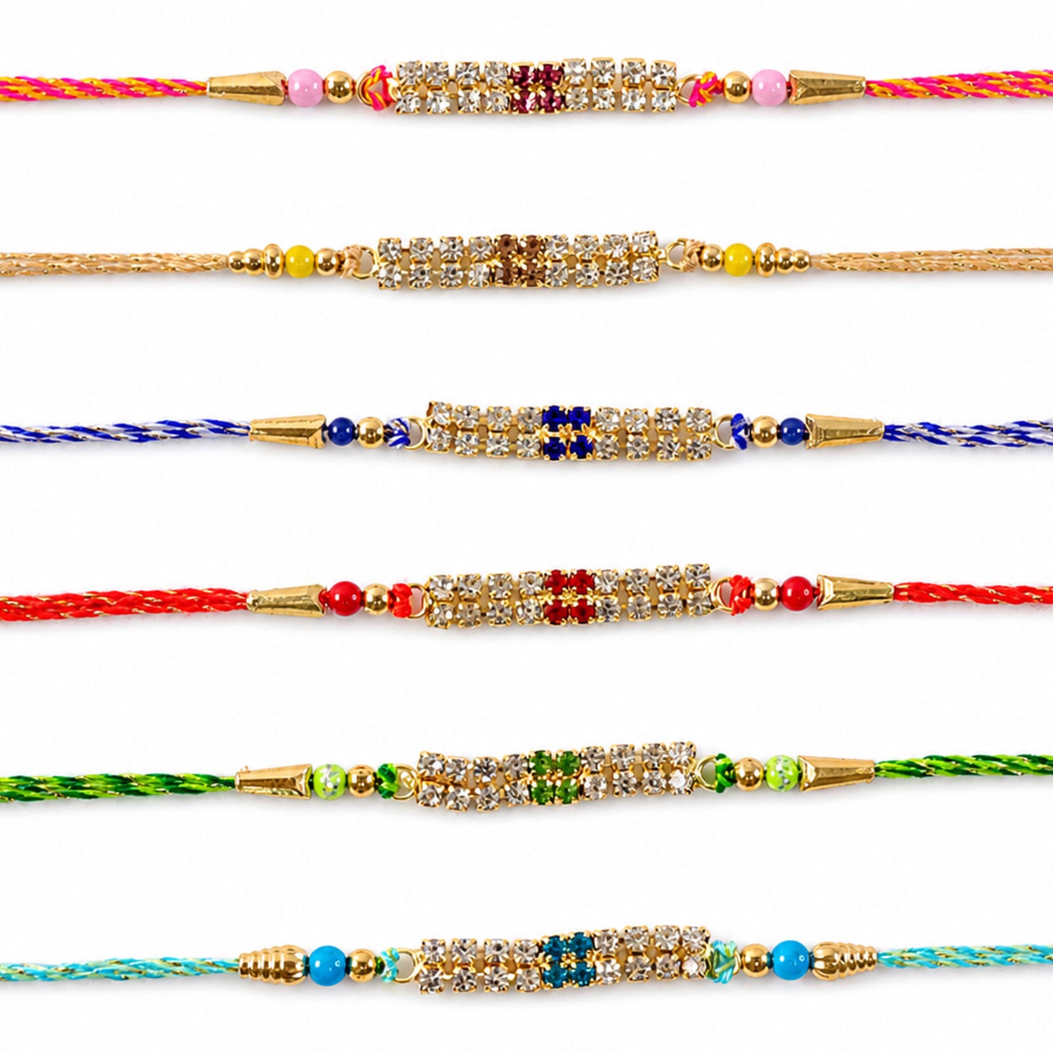 Rectangular Bar Motif Rakhi with Mix Colour Stones (Pack of 6)