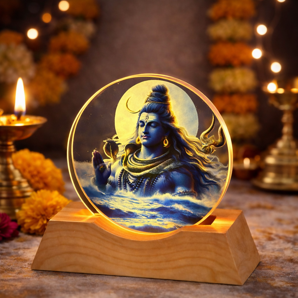 Lord Shiva Acrylic LED Night Lamp with Wooden Base | Devotional Light
