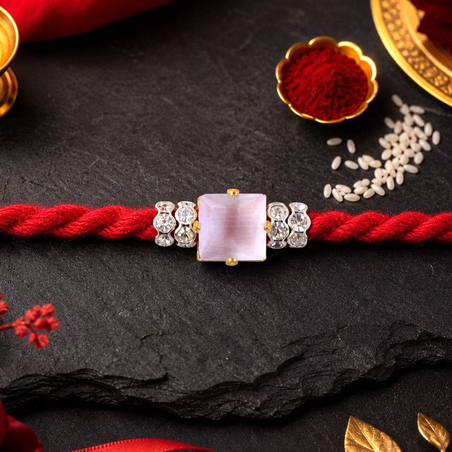 Red Twisted Cord Rakhi with a Bold Square Crystal Stone Pendant