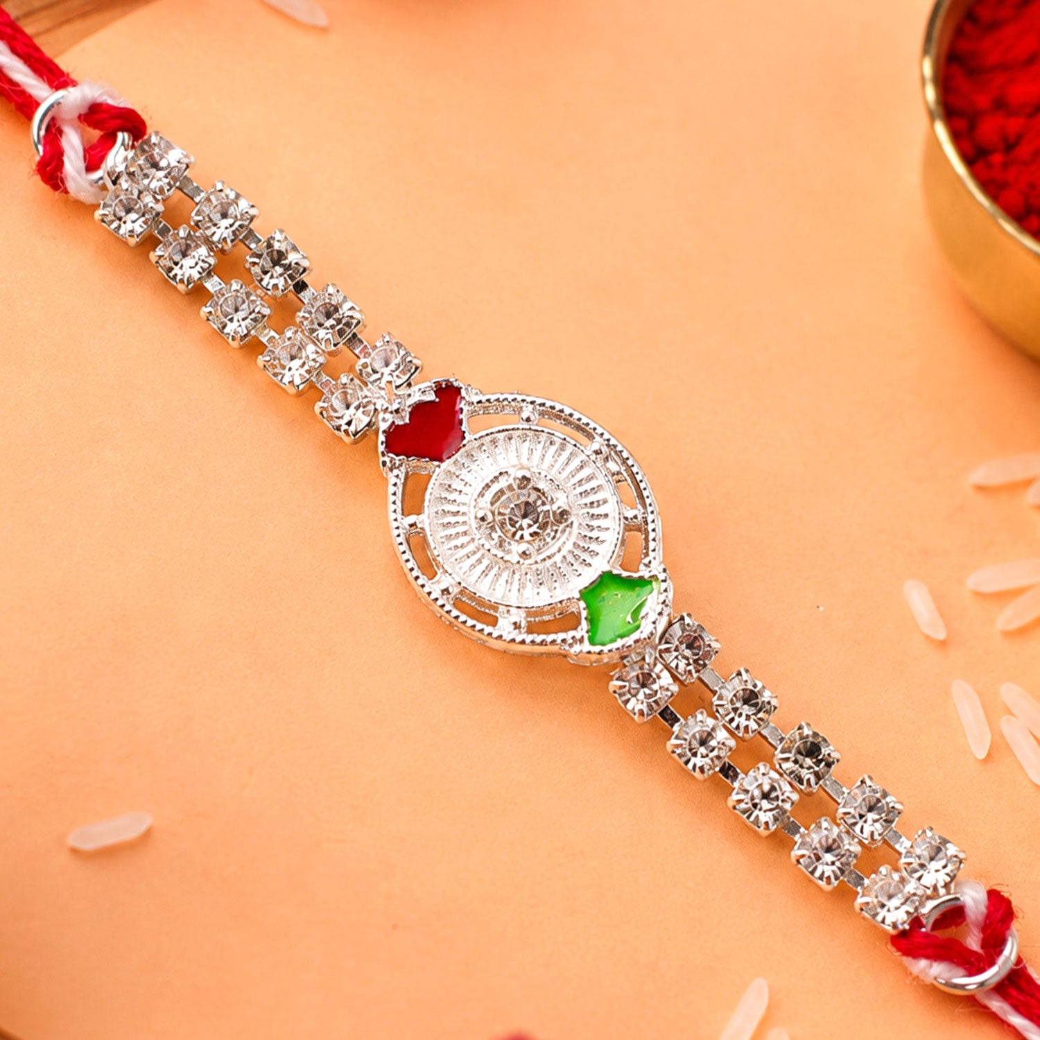 Silver-Toned Crystal Rakhi with Circular Designer Centerpiece, Dual Stone Chains & Red Thread