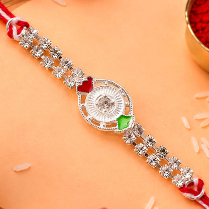 Silver-Toned Crystal Rakhi with Circular Designer Centerpiece, Dual Stone Chains & Red Thread