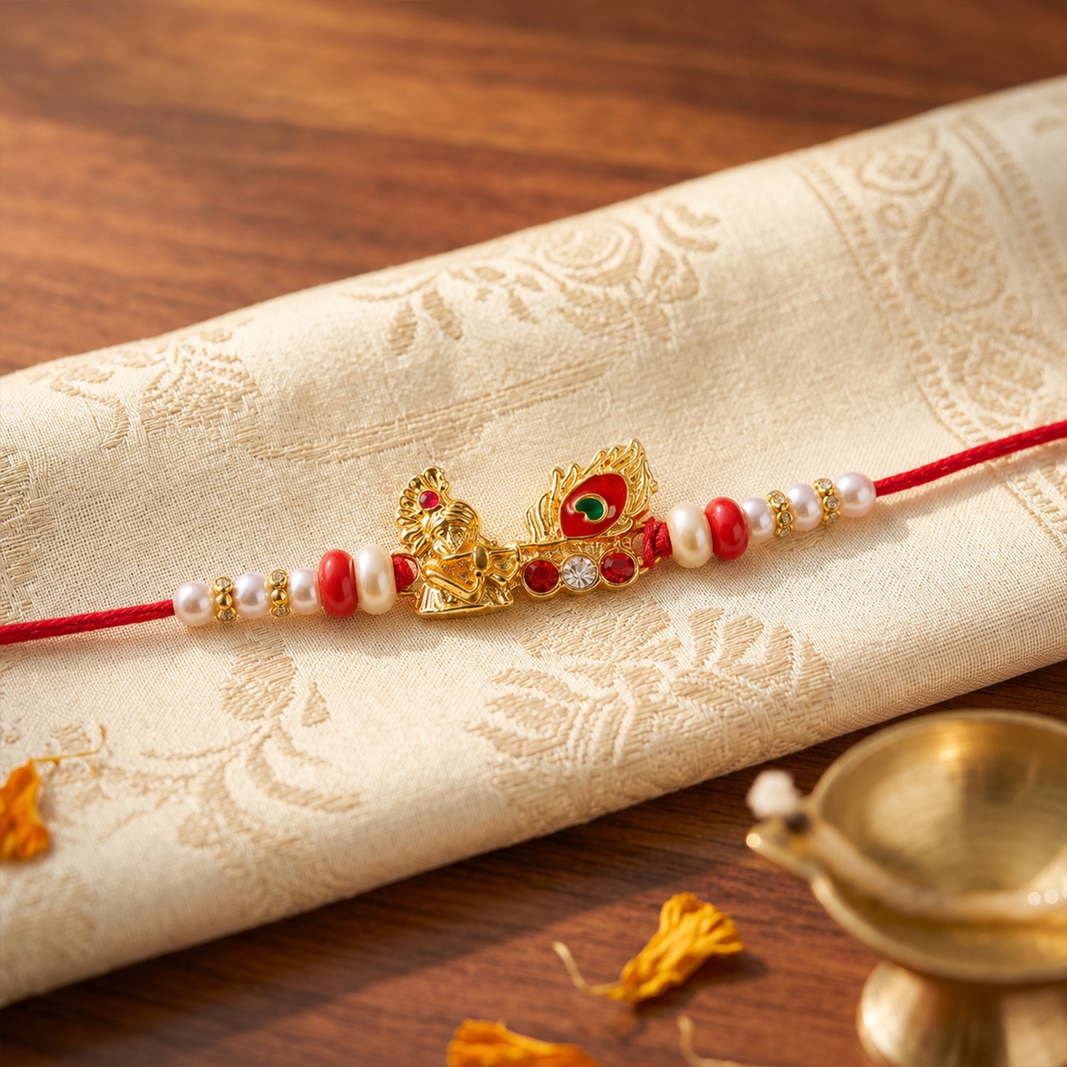 Krishna Mor Pankh Rakhi with Red Pearls and Festive Gold Charm