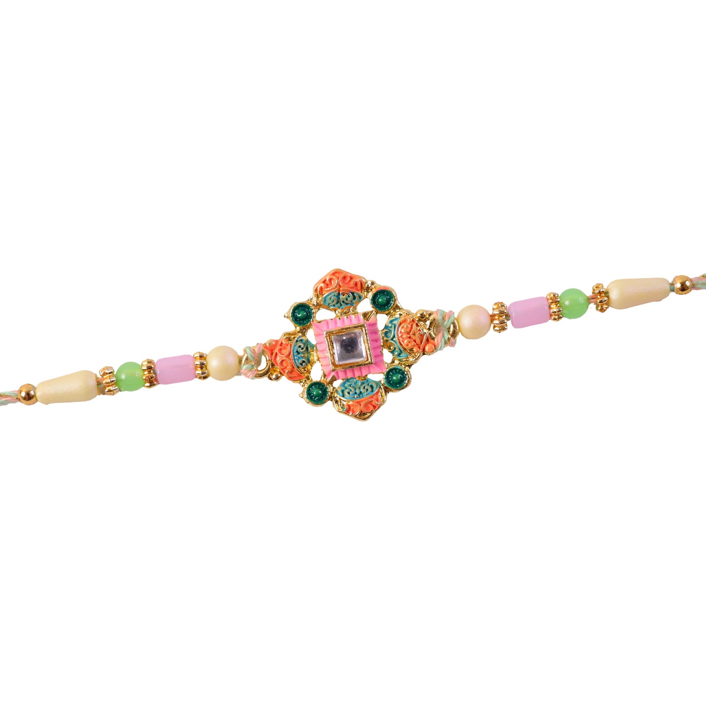 Graceful Rakhi with Square Floral Medallion and bead line in chain look for Gift Use