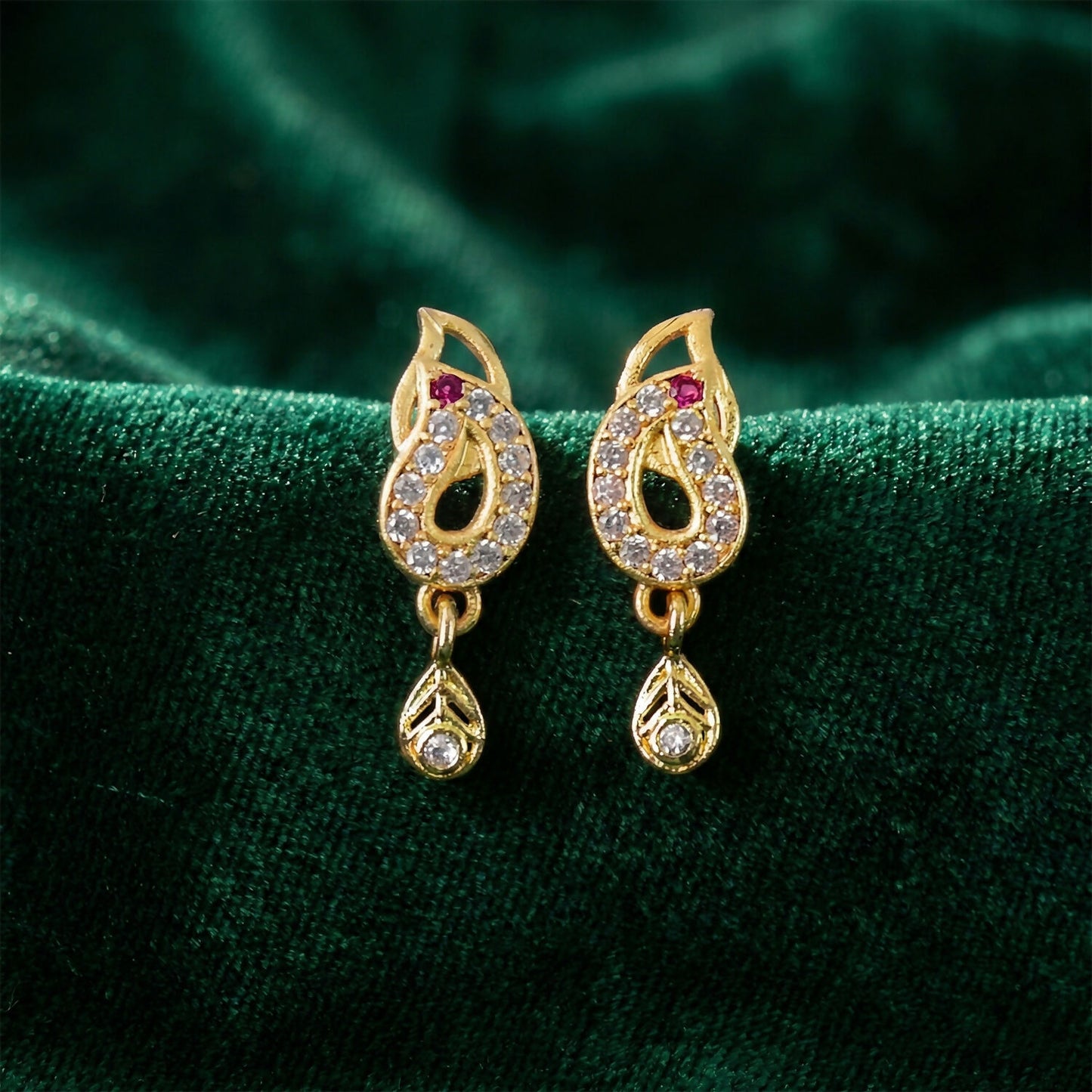 Traditional Gold Finish Paisley Earrings with Crystal & Ruby Touch