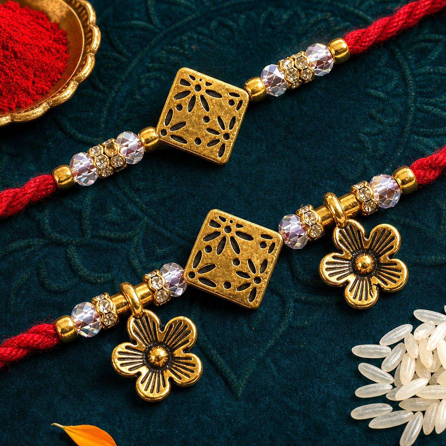 Floral Square Couple Rakhi Set with Crystal Beads and Antique Flower Lumba Charms