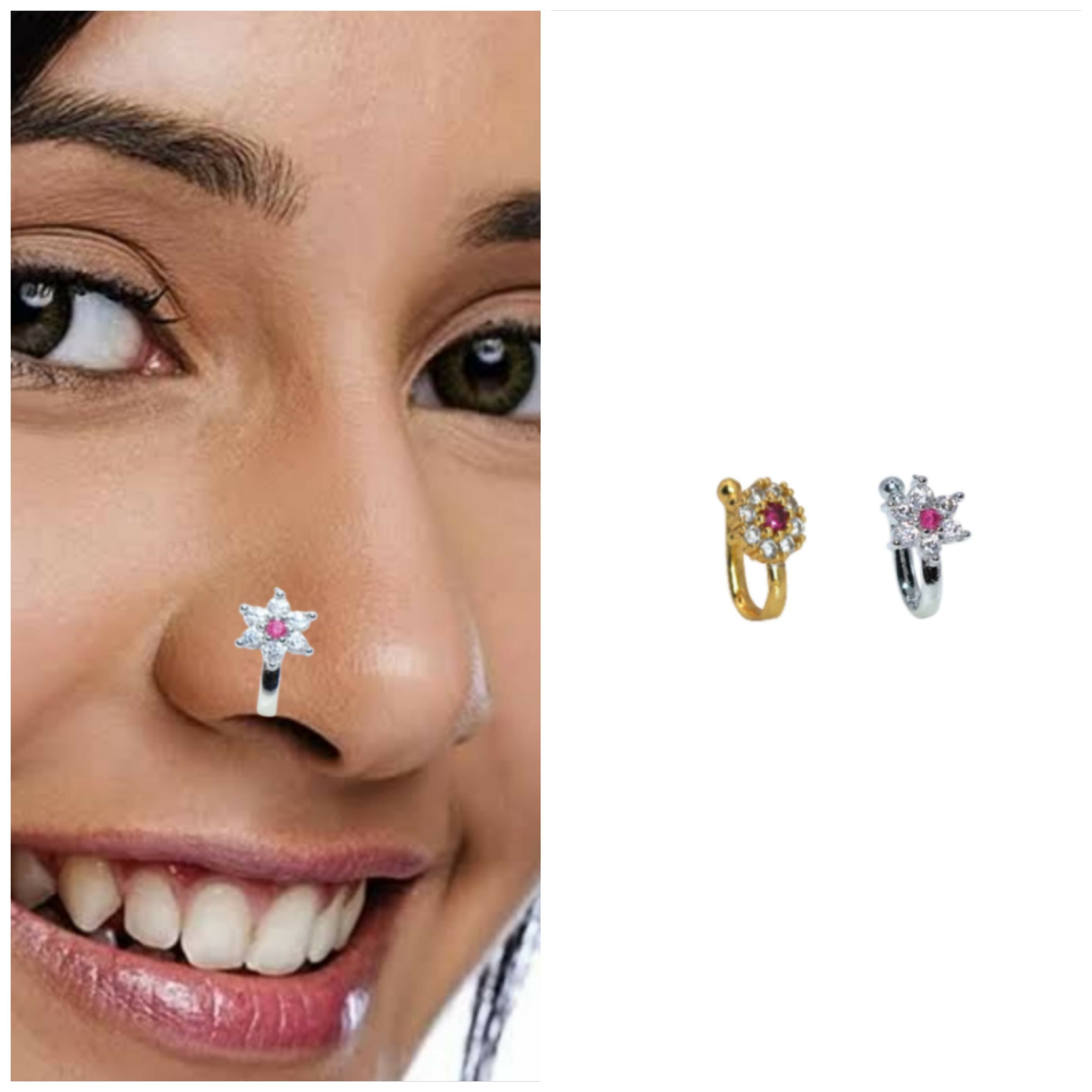 2 Pcs Non-Piercing CZ Nose Clip Set - Flower & Gold Pave Hoop Combo Pack of 2