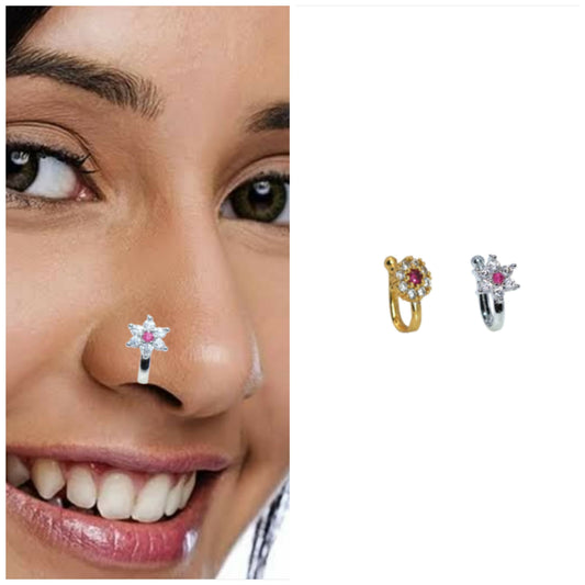2 Pcs Non-Piercing CZ Nose Clip Set - Flower & Gold Pave Hoop Combo Pack of 2