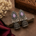 Premium Oxidised Silver-Plated Jhumka Earrings with Lavender Stone