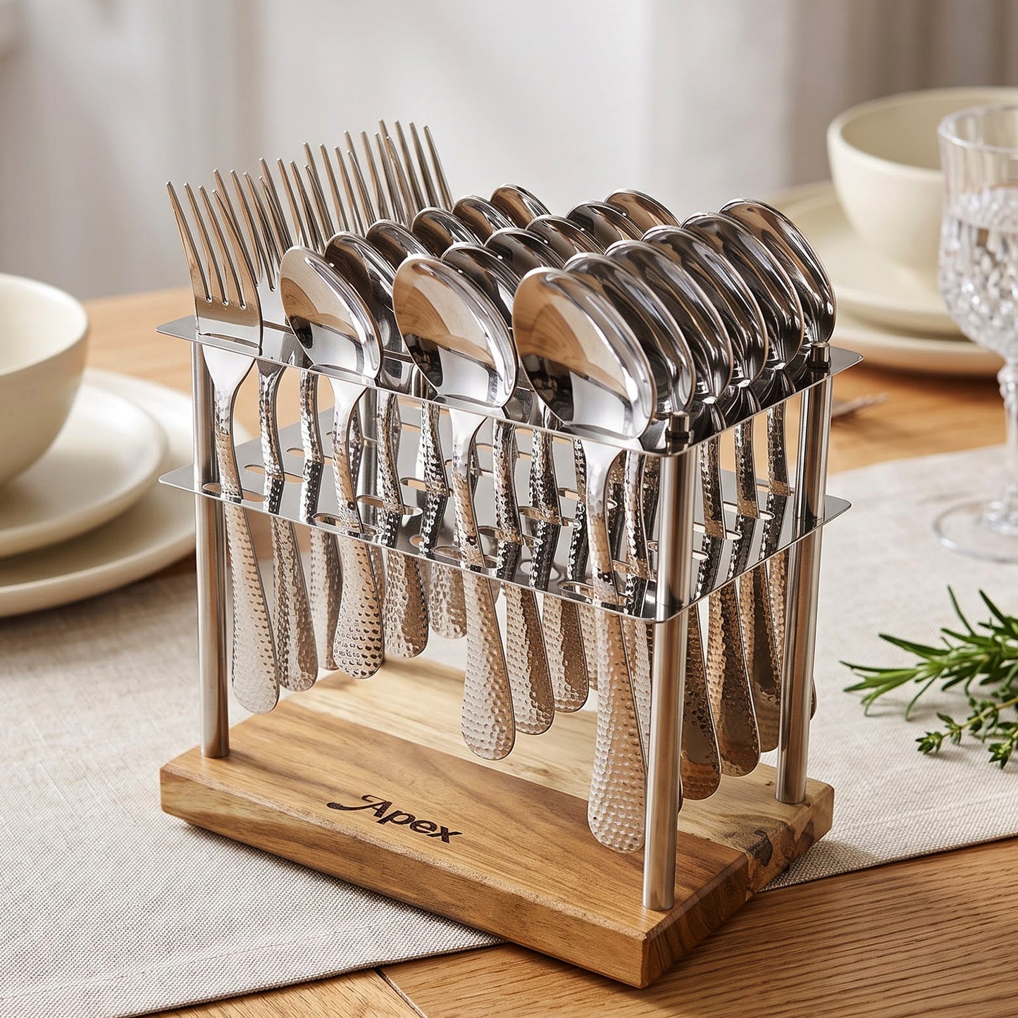 Apex Stainless Steel Cutlery Set 24 Pc with Wooden Stand Hammered (24 Pc)
