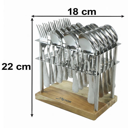 Apex Stainless Steel Cutlery Set 24 Pc with Wooden Stand Hammered (24 Pc)