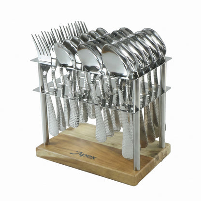 Apex Stainless Steel Cutlery Set 24 Pc with Wooden Stand Hammered (24 Pc)