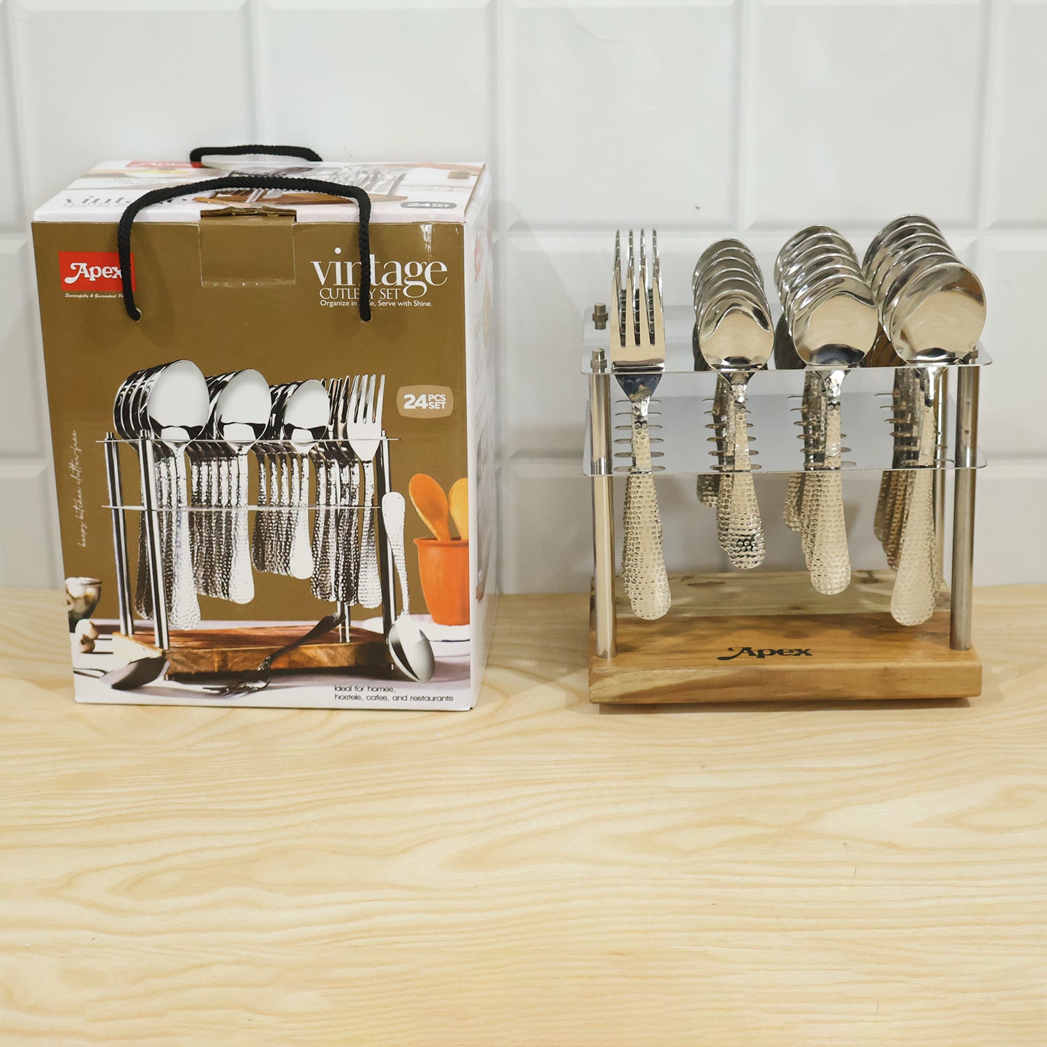 Apex Stainless Steel Cutlery Set 24 Pc with Wooden Stand Hammered (24 Pc)
