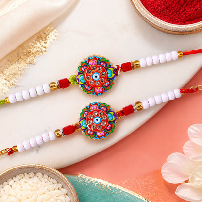 Round Floral Evil Eye Crystal Pearl Beads Bhai Bhabhi Rakhi Set