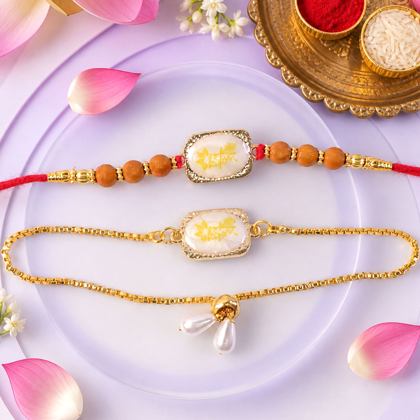 Krishna Bansuri Printed Stone Stylish Beads Bhai Bhabhi Rakhi Lumba Set