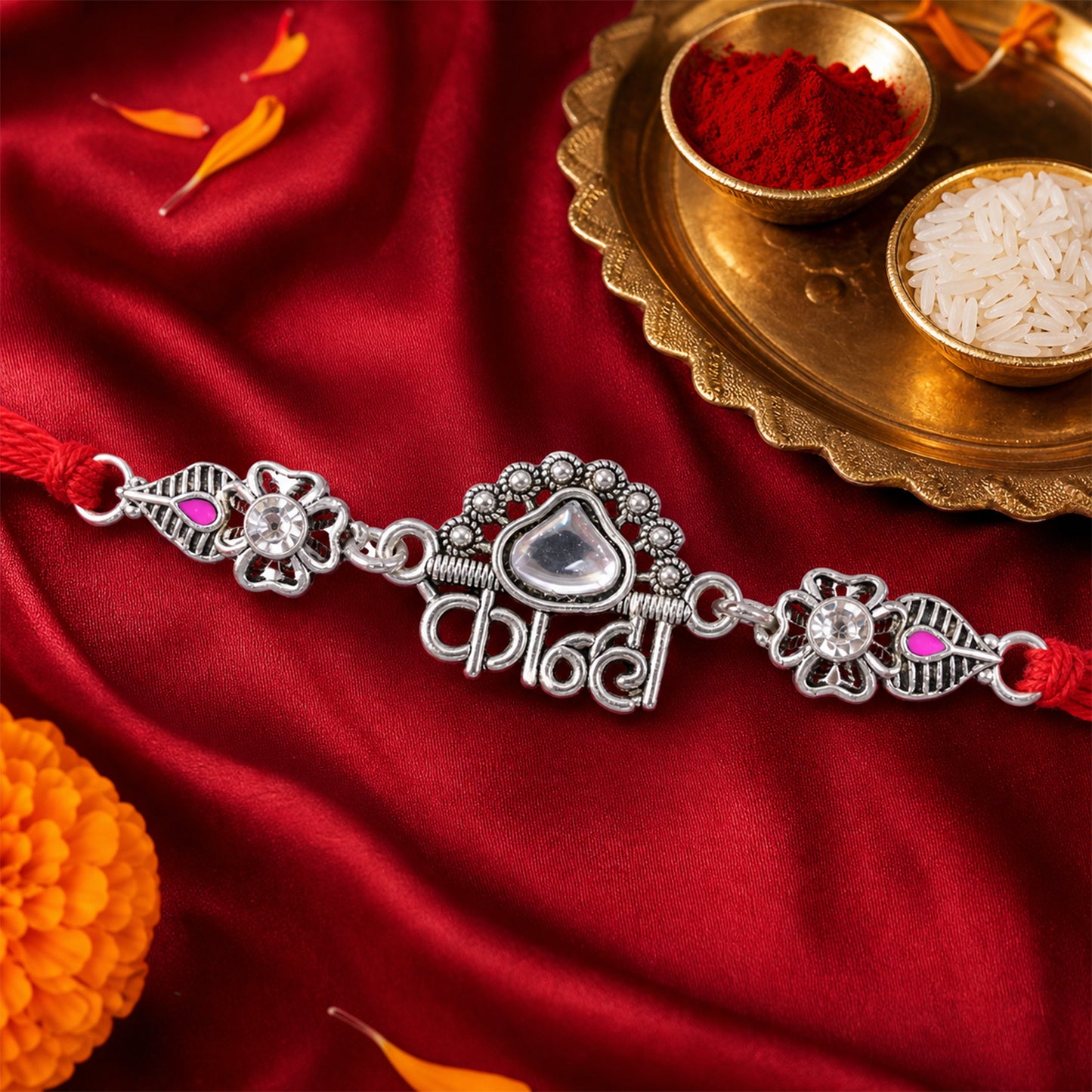 Silver-Toned Kanha Rakhi with Kundan-Style Stone, Crystal Accents & Designer Red Thread