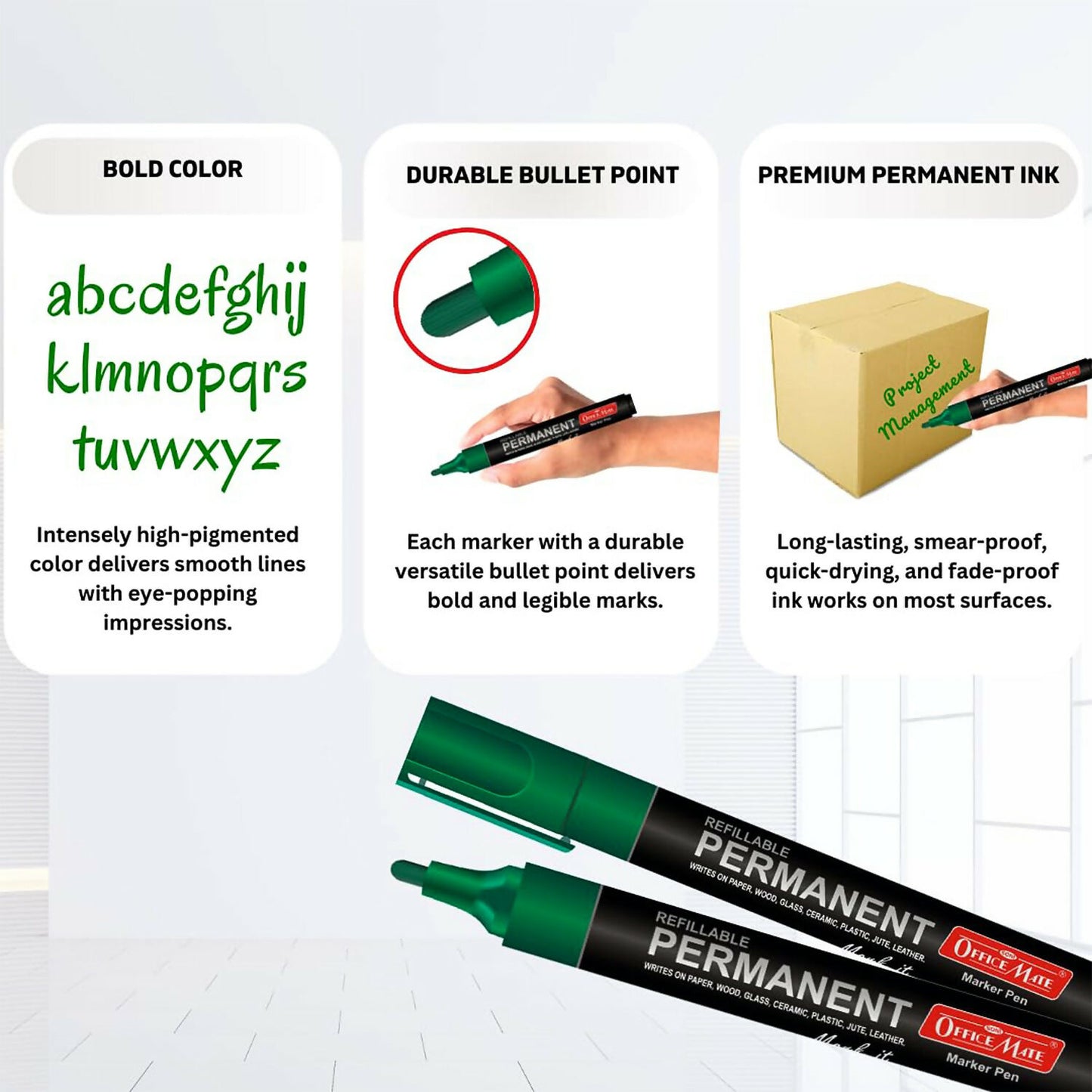 Refillable Permanent Marker Pen – Green Ink, 10 Piece Combo