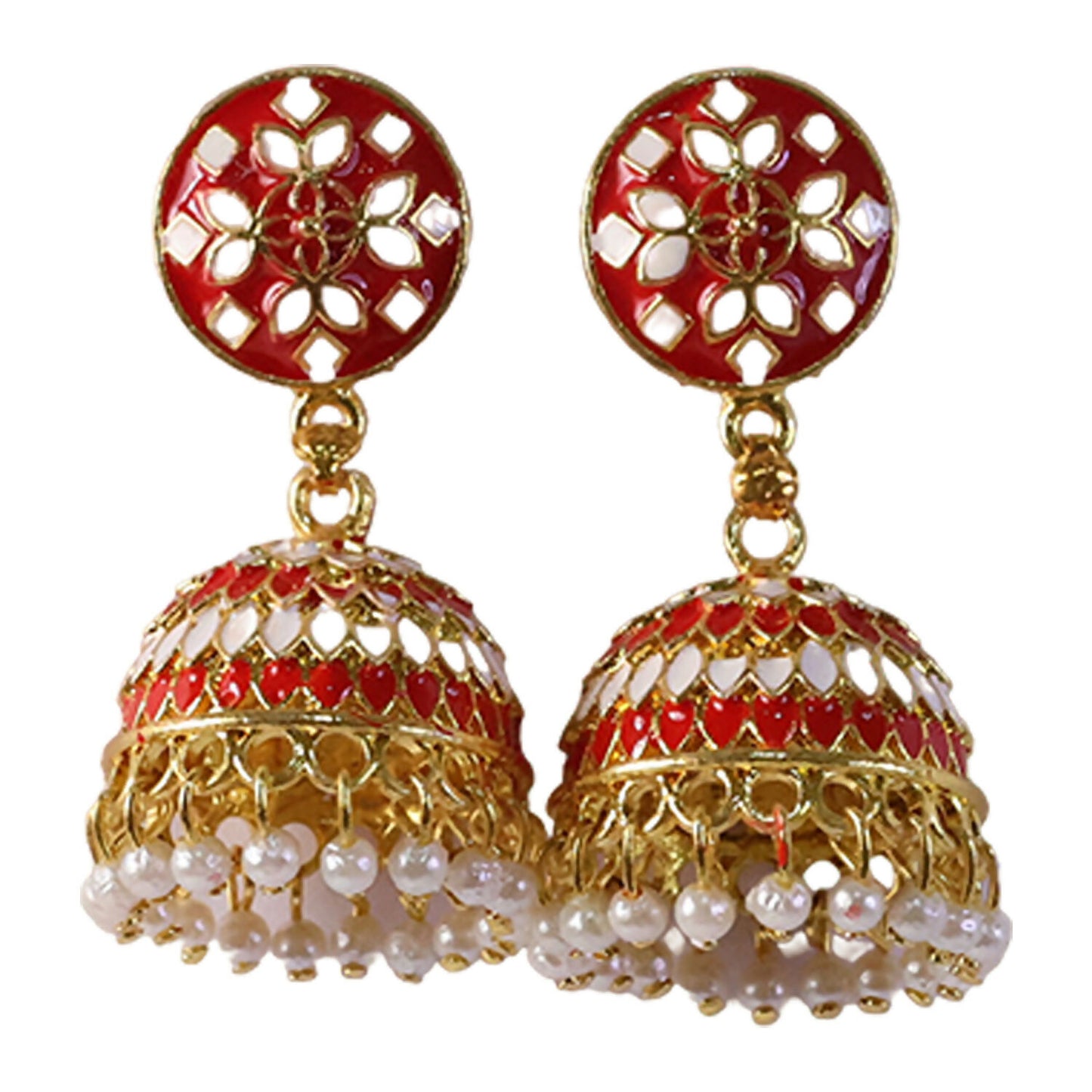 Red floral jhumka earrings with pearl beads displayed on stand