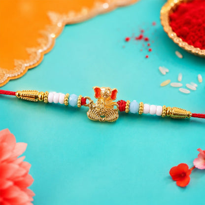Golden Ganesha Rakhi Aqua Blue Beaded Thread for Brother (10pcs)