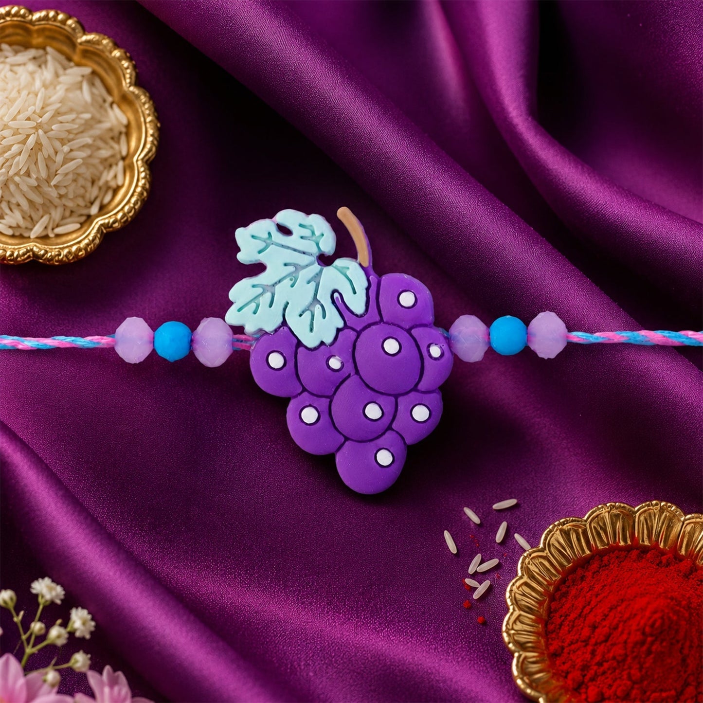 Shop Grape Bunch Charm Kids Beaded Designer Rakhi for Brother (10pcs)