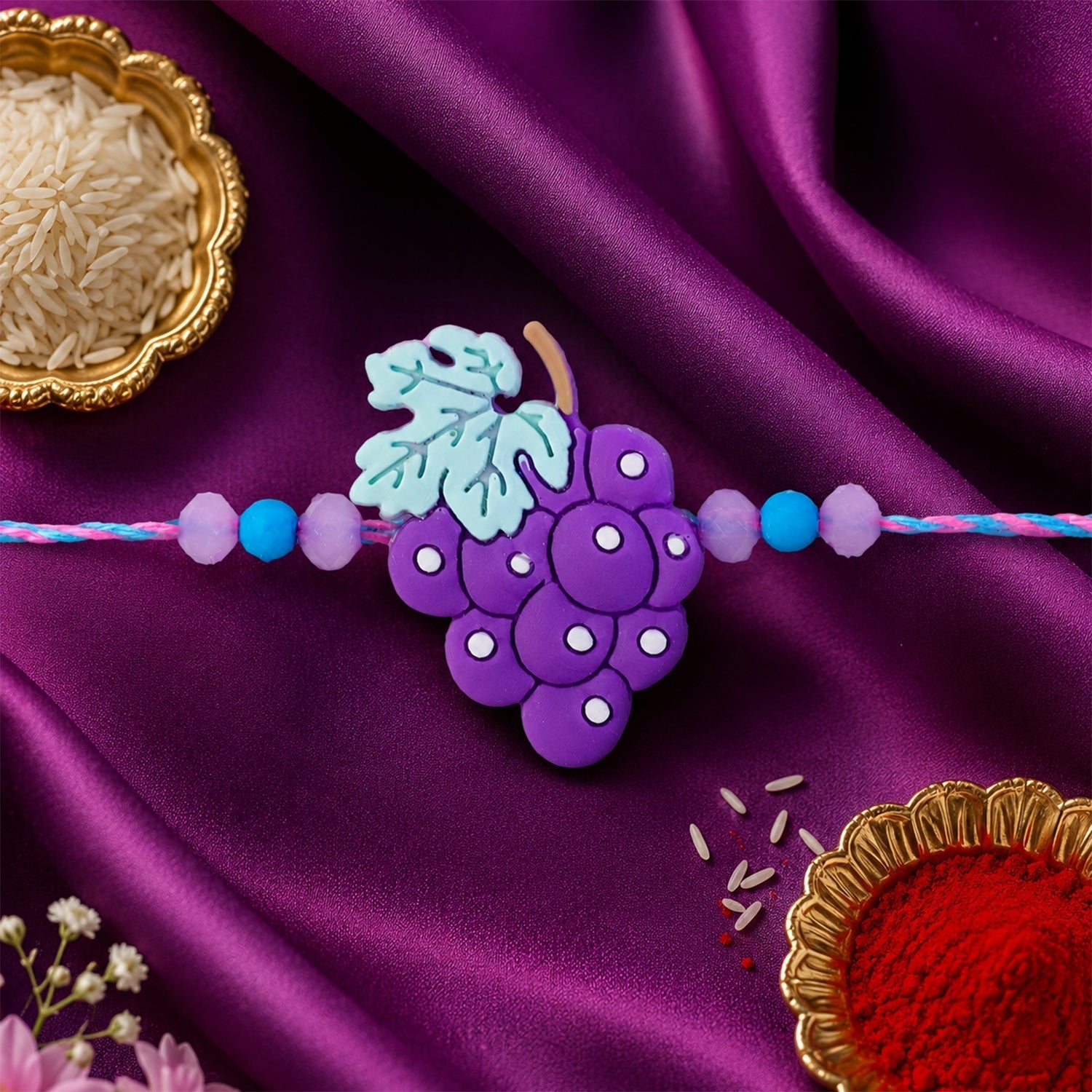 Shop Grape Bunch Charm Kids Beaded Designer Rakhi for Brother (5pcs)