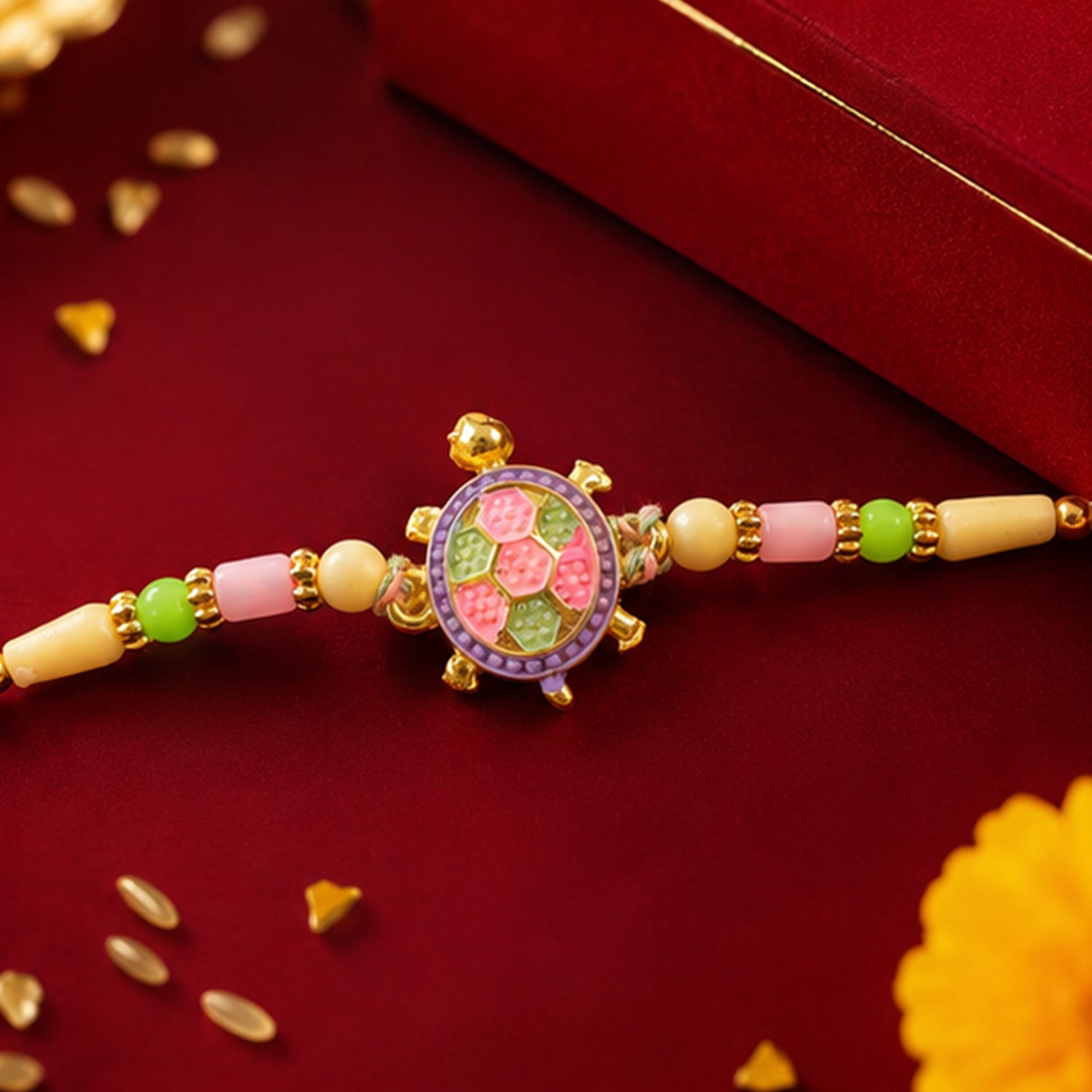 Enamel Tortoise Pendant Rakhi with Pastel Beads