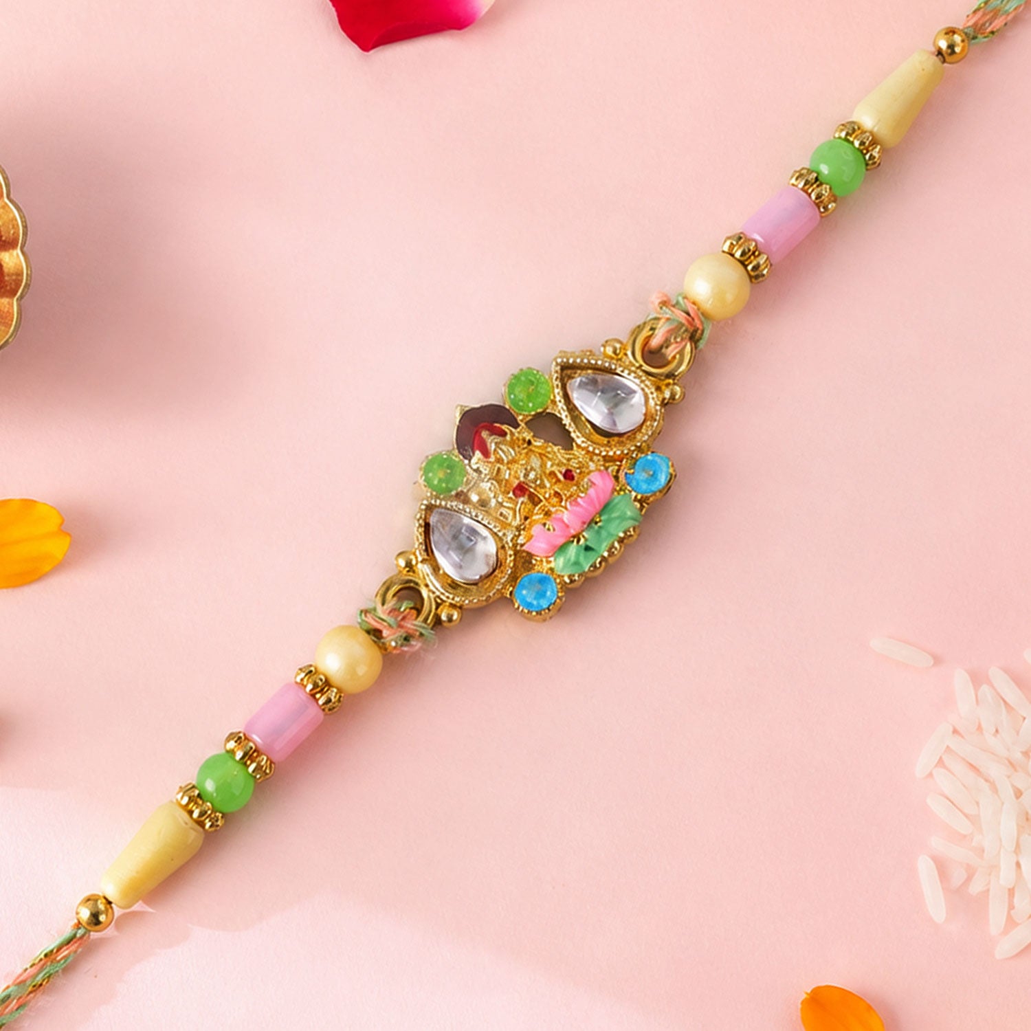 Multicolor Kundan Cluster Pendant Rakhi with Pastel Beads