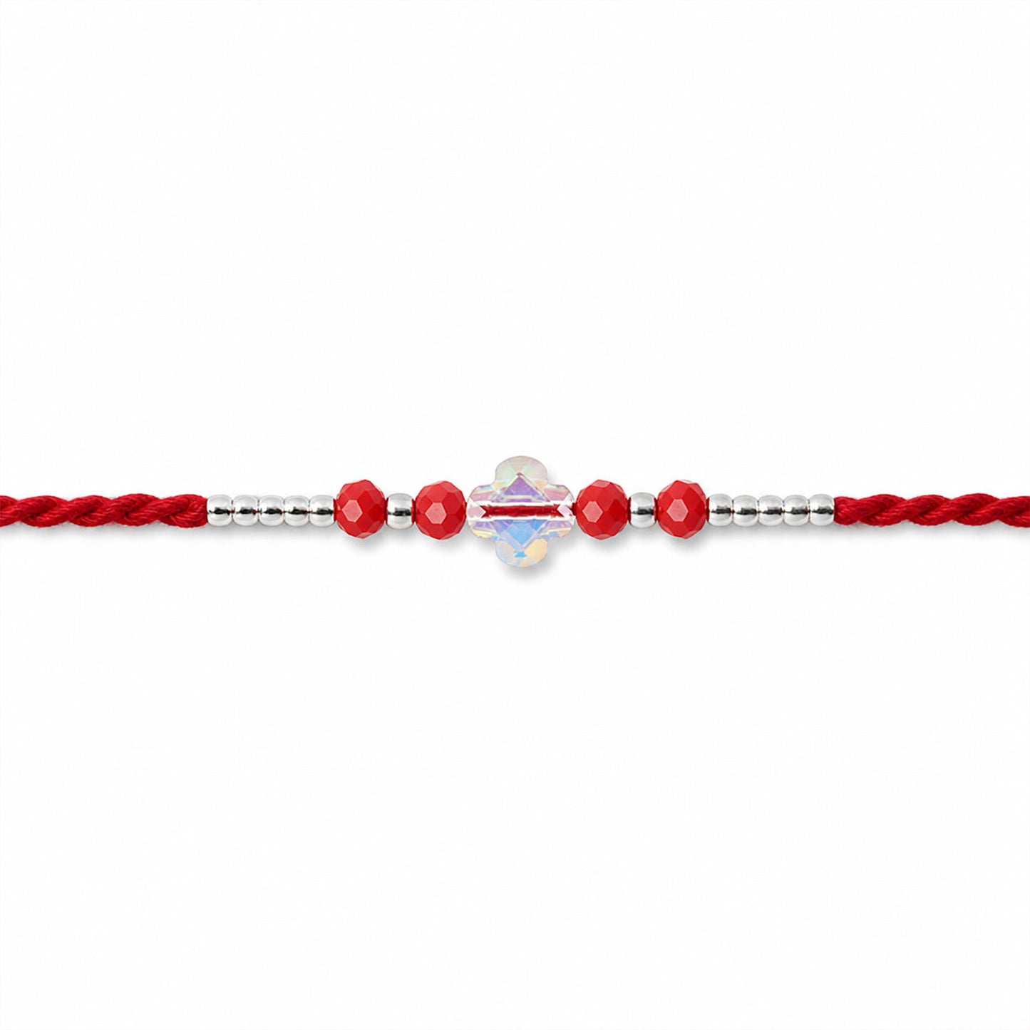 Red Thread Rakhi with Red Beads and an Iridescent Quatrefoil Crystal