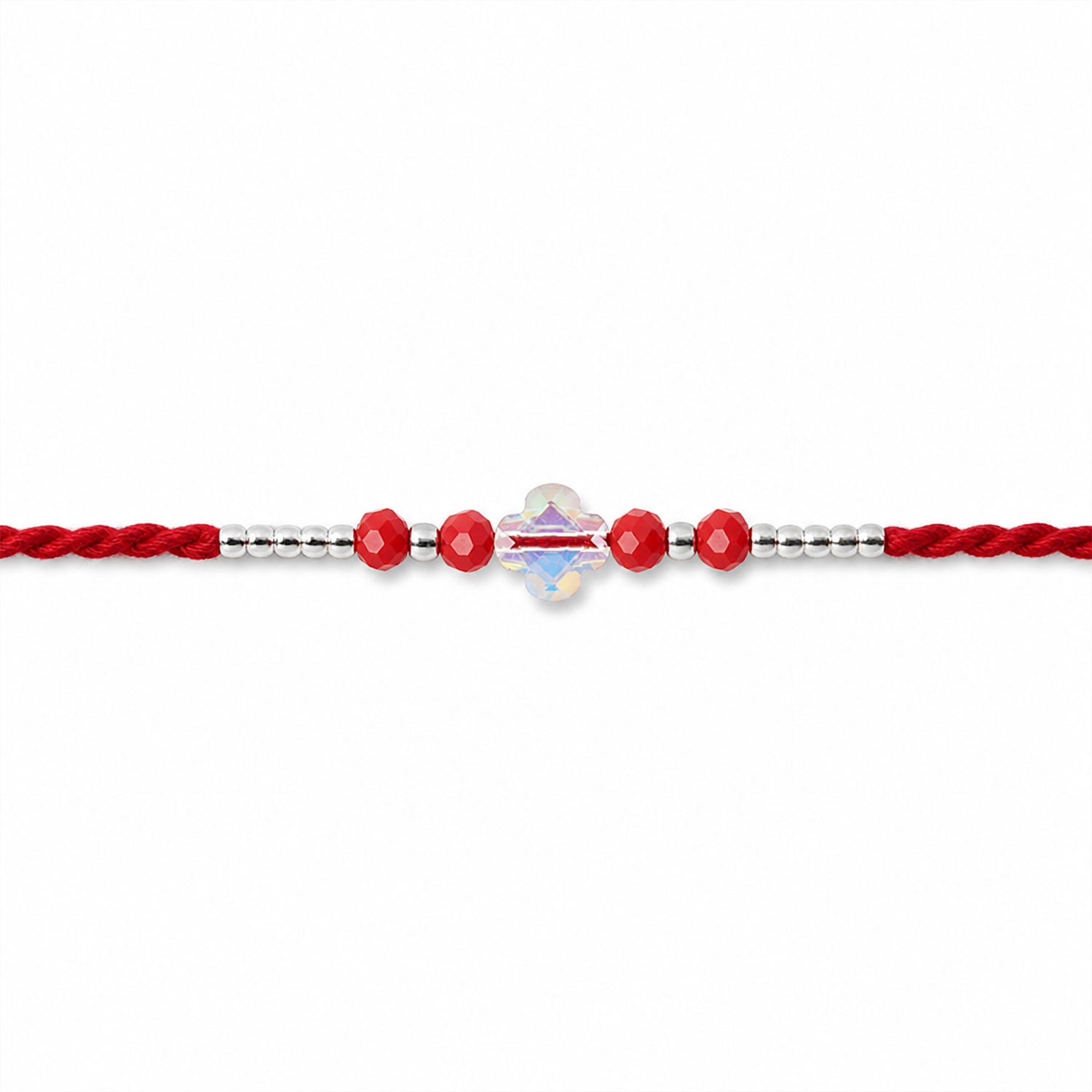 Red Thread Rakhi with Red Beads and an Iridescent Quatrefoil Crystal