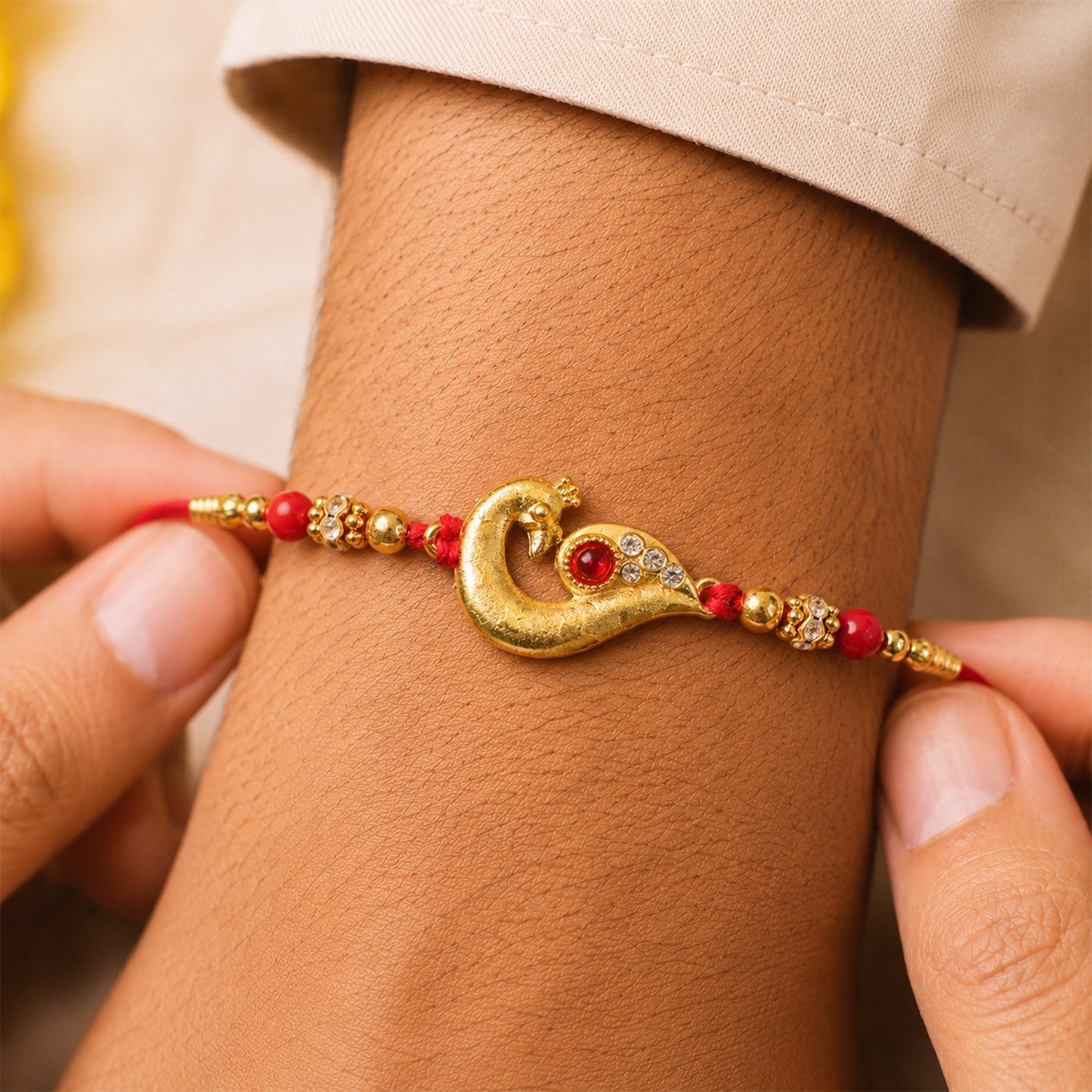 Peacock Feather Rakhi, Golden & Kundan Detailed Red Thread (10pcs)
