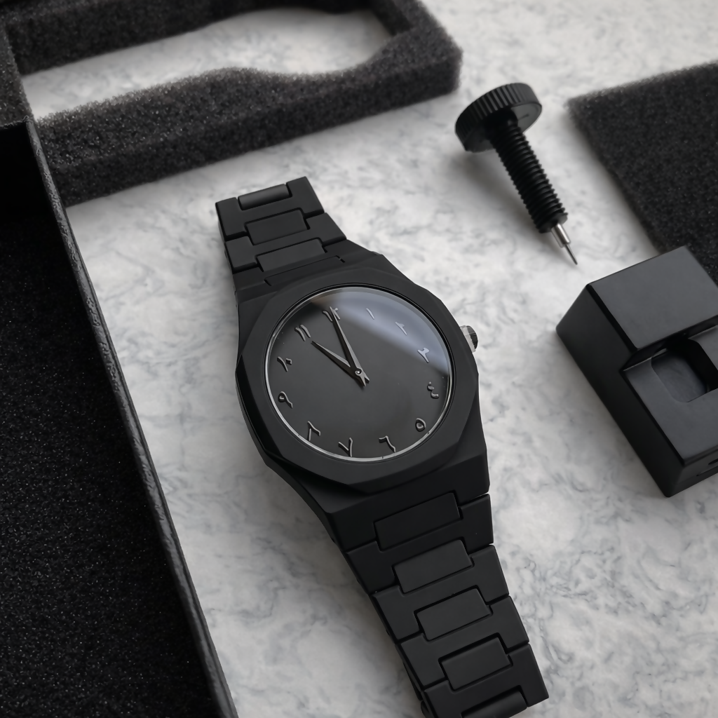 Premium Matte Black Minimalist Analog Wrist Watch with Designer Dial and Metal Strap