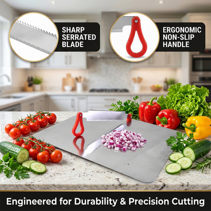 Set of stainless steel chopping board with knife, rust-resistant and easy to clean.