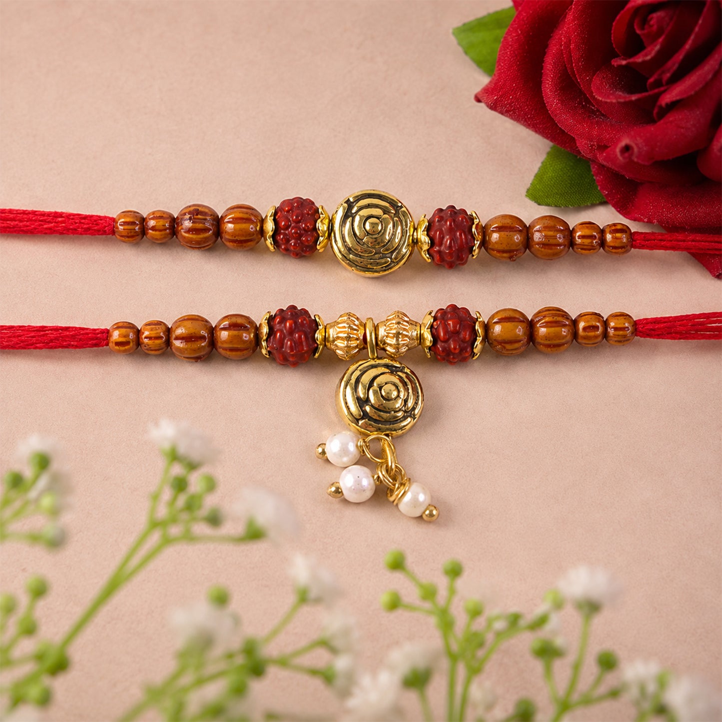 Amber Beaded Rose Couple Rakhi Set with Rudraksha Style Accents and Pearl Lumba Gift