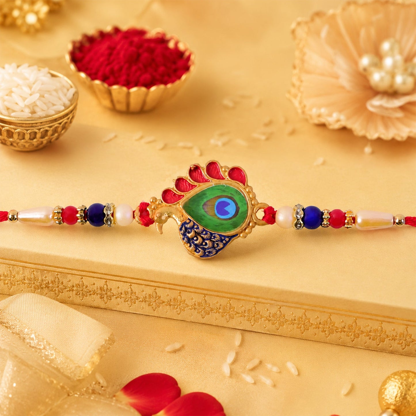 Peacock Feather Rakhi Golden Enamel Pearl Beads for Brother (10pcs)