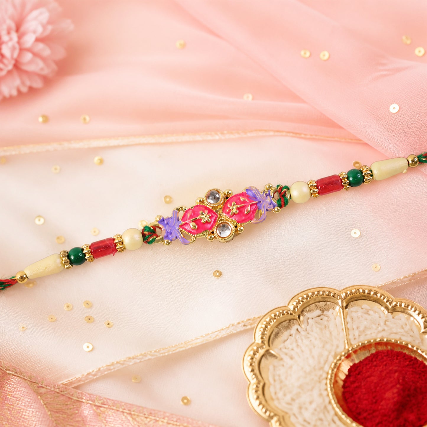 Pink and Purple Flower Kundan Pendant Rakhi with Pastel Beads