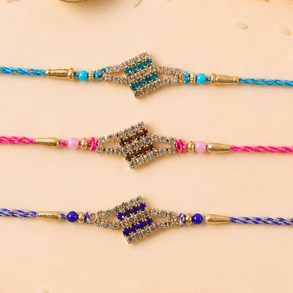 Layered Diamond Motif Rakhi in Mix Colour Threads (Pack of 6)