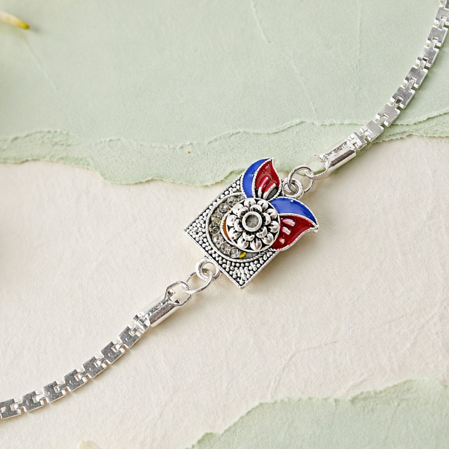 Square Carved Flower Dual Leaf Enamel Silver Chain Designer Rakhi
